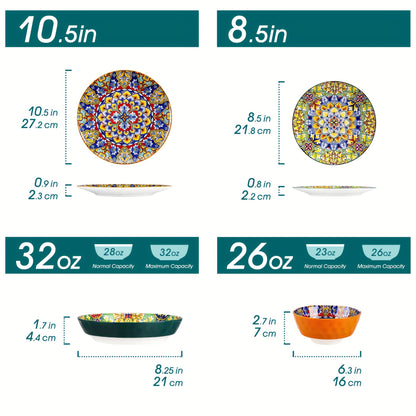 24pcs Dinner Set Stoneware Bohemian Style Tableware with Dinner Plate Dessert Plate Pasta Bowl Cereal Bowls Service for 6