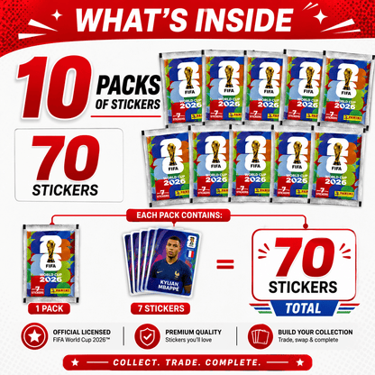 10x Fifa World Cup 2026 Sticker Packs – 7 Stickers Per Pack – a Total of 70 Stickers