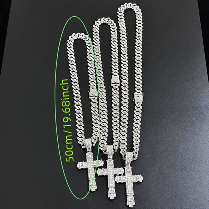 Hip-Hop Plus Size Large Pendant Full Rhinestones Double Layer Thickened Cross Hollow Buckle 14mm Wide Cuban Chain Necklace New Product Creative