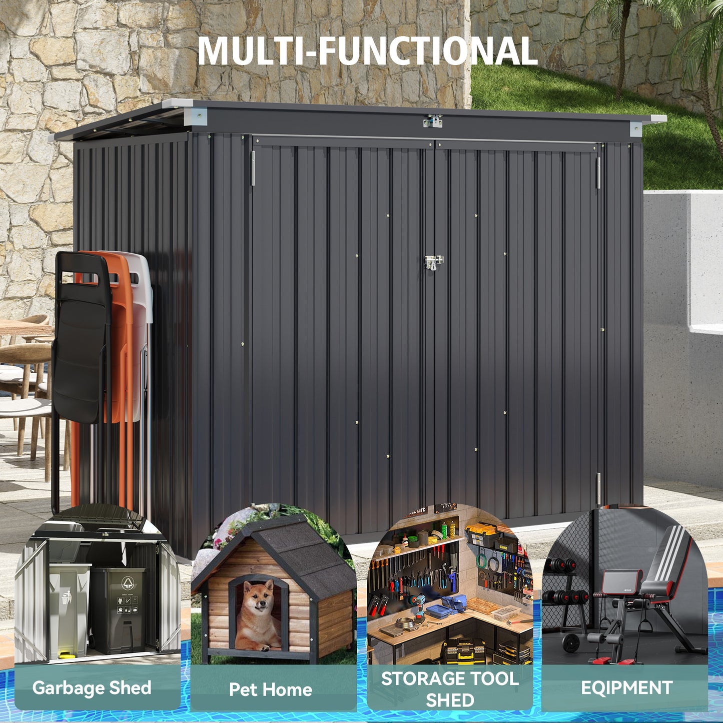 Patio Double-Door Outdoor Storage Shed | Lockable Security | Gas-Spring Lid | Ideal for Tool House, Pet Shelter, & Organizing (Large/Small)