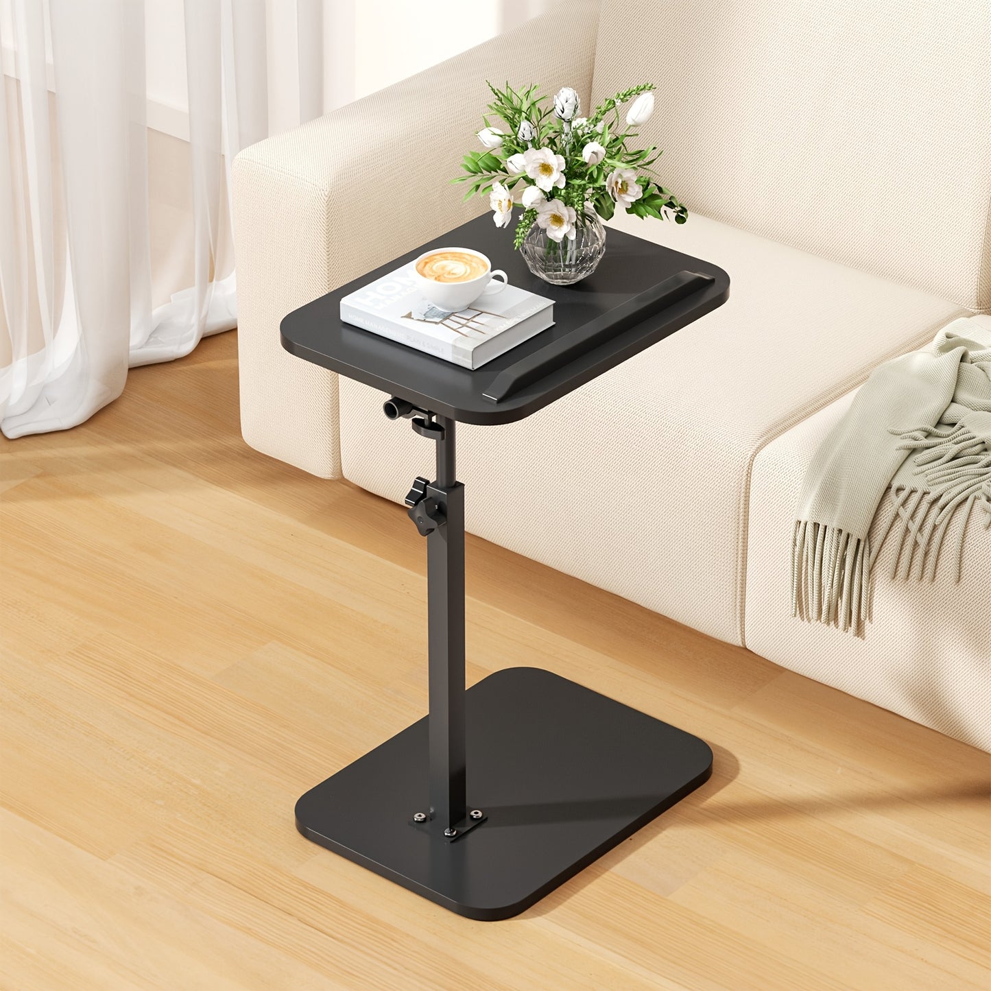 360° Swivel TV Side Table with Adjustable Height - Sturdy C-Shaped Sofa Bed Desk, Solid Wood Top And Durable Base, Tool-Free Assembly, Space-Saving Rotating Table Ideal for Small Spaces, Nightstands, Home Office Or Dormitory for Sofas, Chairs