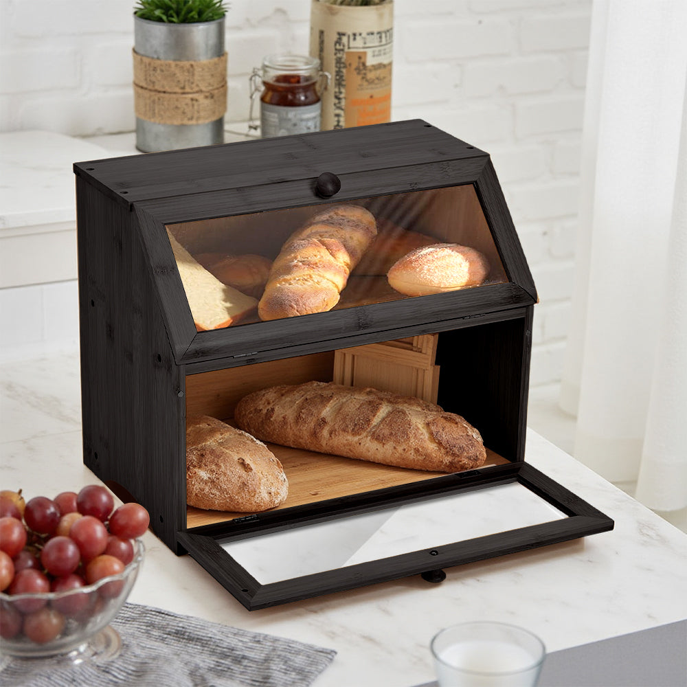 Double Layer Bamboo Bread Box Bread Bin with Transparent Window, Suitable for Kitchen and Dining Room, Pantry Organization Keeps Bread, Fruits, Snacks Fresh, Natural/Black