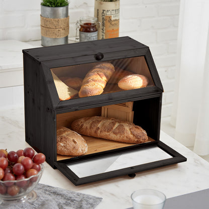 Double Layer Bamboo Bread Box Bread Bin with Transparent Window, Suitable for Kitchen and Dining Room, Pantry Organization Keeps Bread, Fruits, Snacks Fresh, Natural/Black