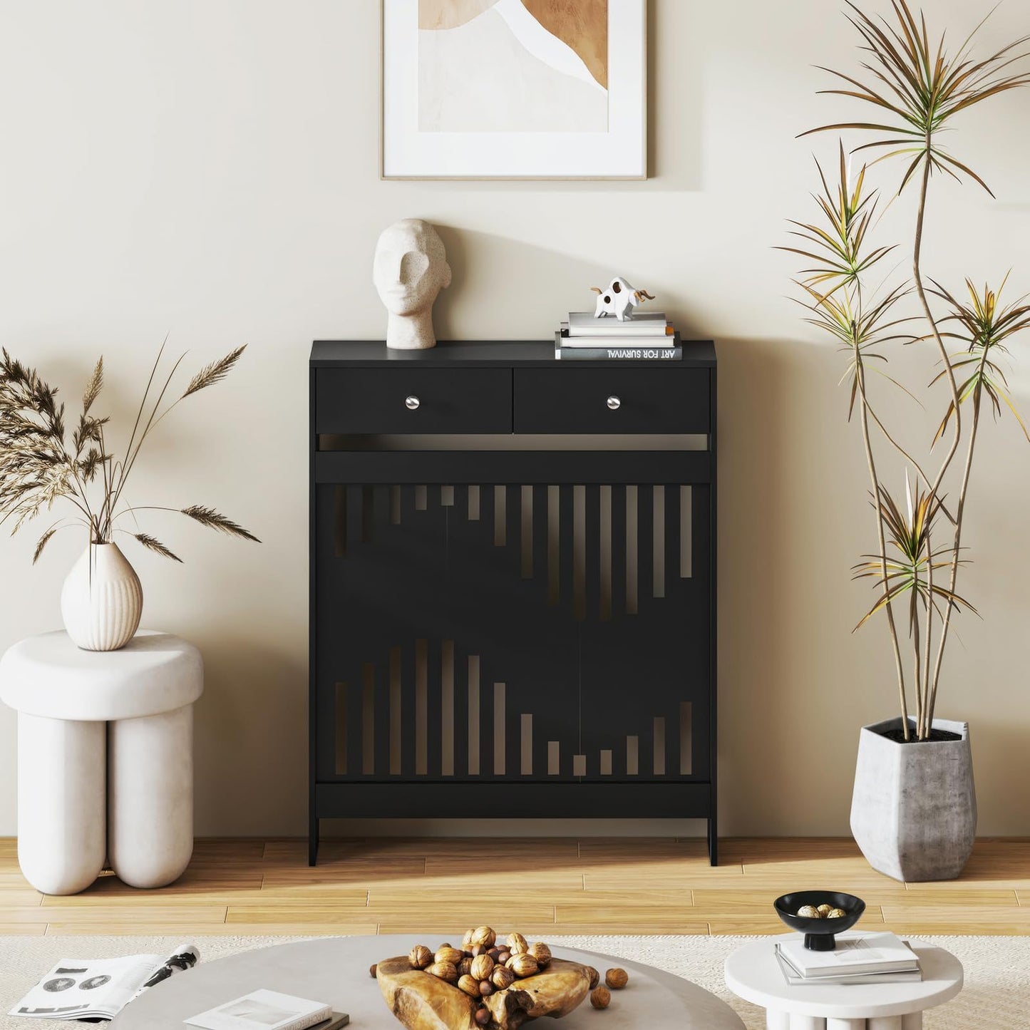 Modern White MDF Wood Radiator Cover with Drawers - Contemporary Style, Great Choice for Living Room, Bedroom, Hallway, Suitable for Placing Decorative Items and Storing Small Objects.