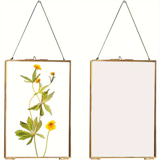 Hanging Photo Frame Metal Glass Picture Frame with Suspension Rope Double-Sided Vintage Decor Frame(12.7 * 17.78cm Golden Upright)