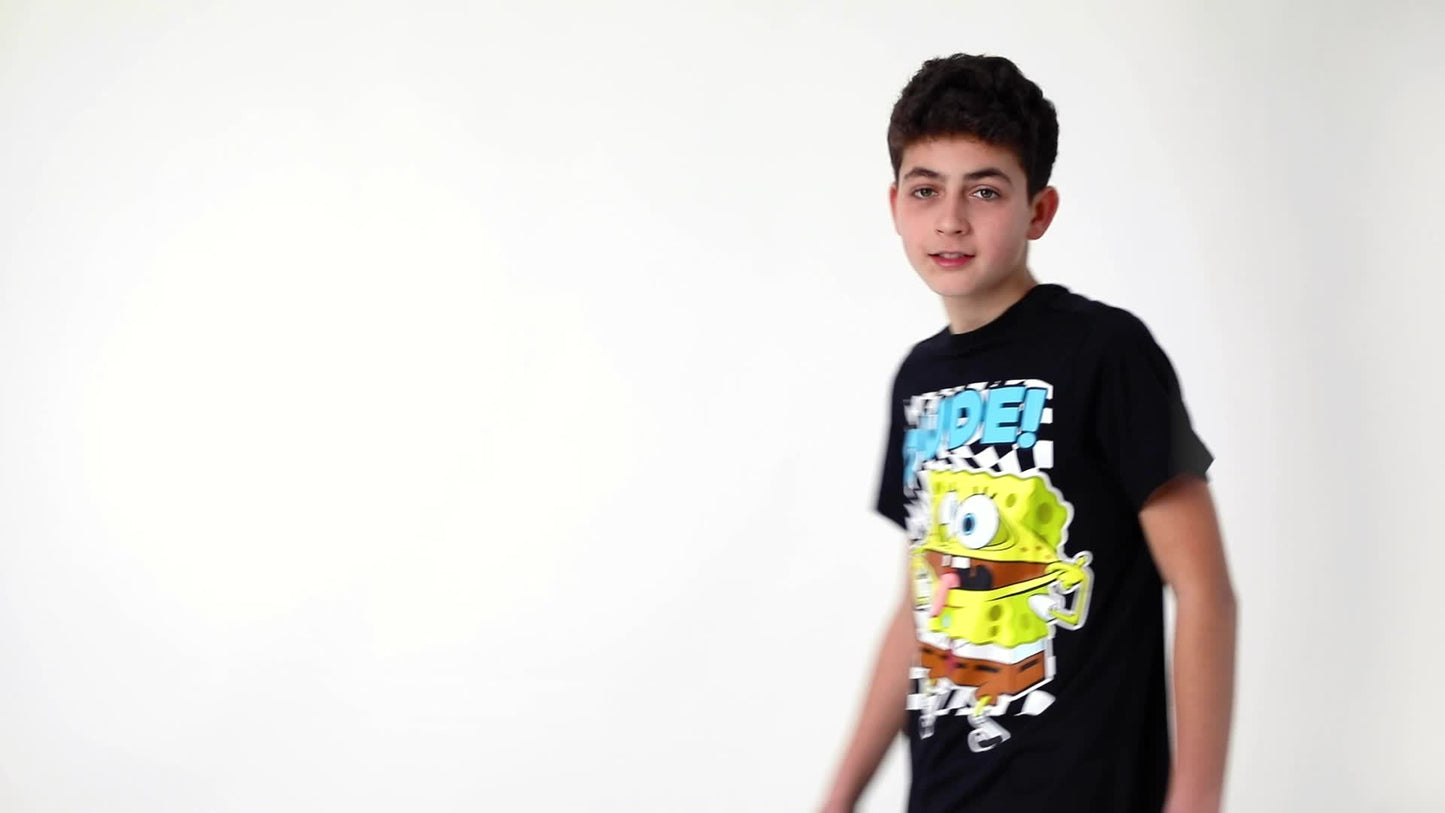 SpongeBob SquarePants Boys Black Short-Sleeved Graphic Tee | Dude! SpongeBob Placement Print T-Shirt | Kids Cartoon Apparel | Nickelodeon SpongeBob Dude Top for Children & Teens