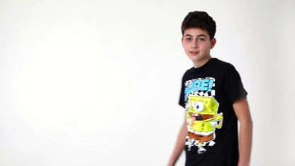 SpongeBob SquarePants Boys Black Short-Sleeved Graphic Tee | Dude! SpongeBob Placement Print T-Shirt | Kids Cartoon Apparel | Nickelodeon SpongeBob Dude Top for Children & Teens