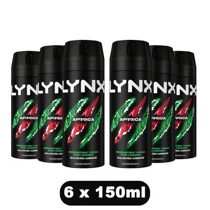 Lynx Africa Body Spray 6 Pack 150ml – Iconic Fresh Deodorant Spray for Men, Everyday Confidence & Long-Lasting Fragrance Multipack Value Bundle