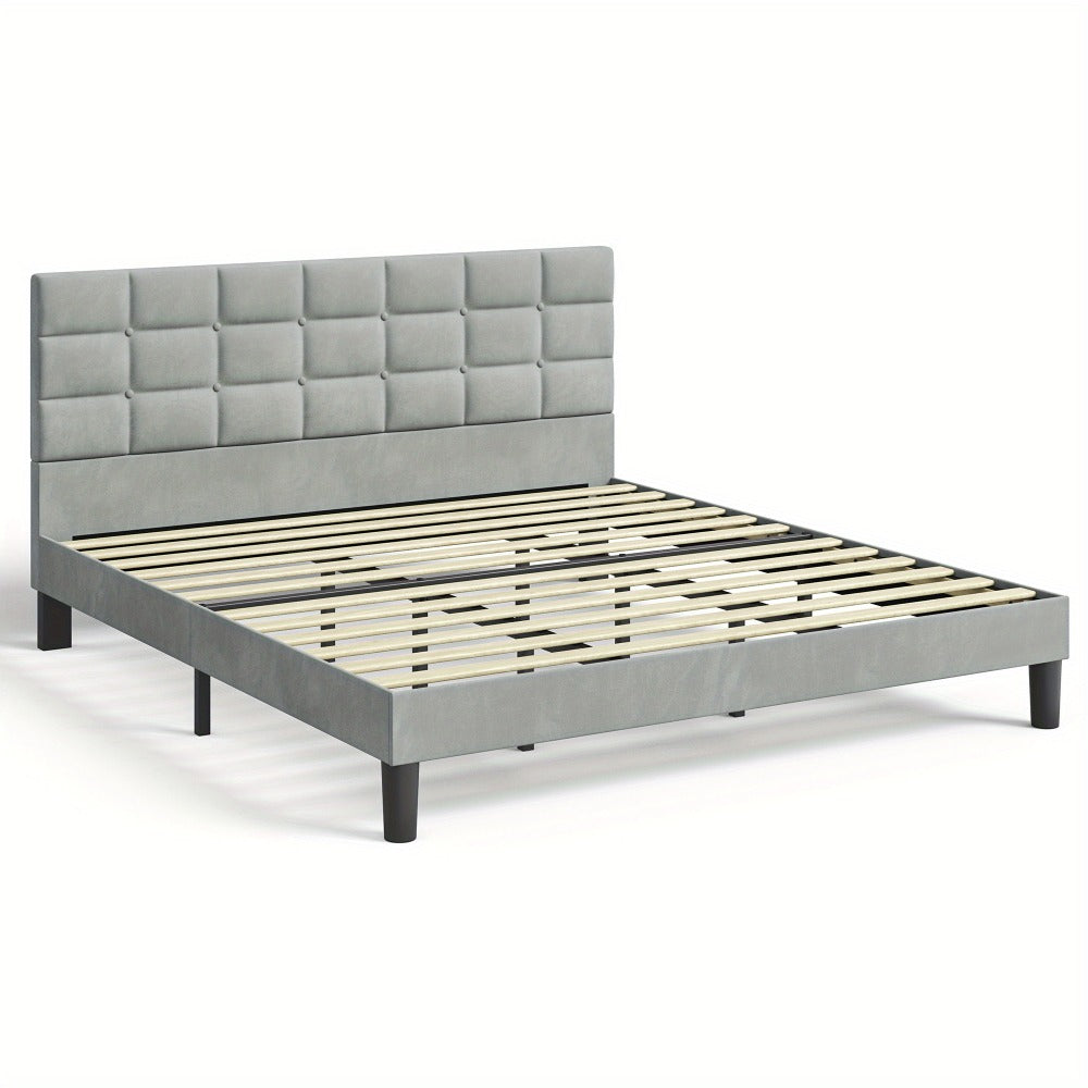 Velvet Bed Frame with Headboard & Wooden Slats | No Box Spring | No Pillow Gap | 30-Min Tool-Free Assembly | Single Double King Super King | Light Grey Platform Bed