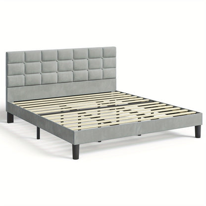 Velvet Bed Frame with Headboard & Wooden Slats | No Box Spring | No Pillow Gap | 30-Min Tool-Free Assembly | Single Double King Super King | Light Grey Platform Bed
