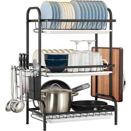 3-Tier Dish Rack Dish Drainer Rack with Drainboard Large Over Sink Drying Rack Kitchen with Cutlery & Cutting Board Holder Space-Saving Kitchen Draining Board with Drip Tray