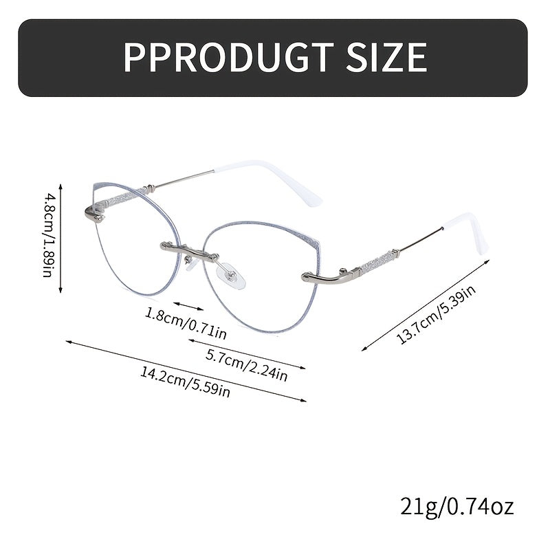 Fashion Cat Eye Frameless Light Sensitive Color Changing Women'S Model with Embedded Sequins Metal Frame Cat Eye Blue Light Transparent Lens Glasses