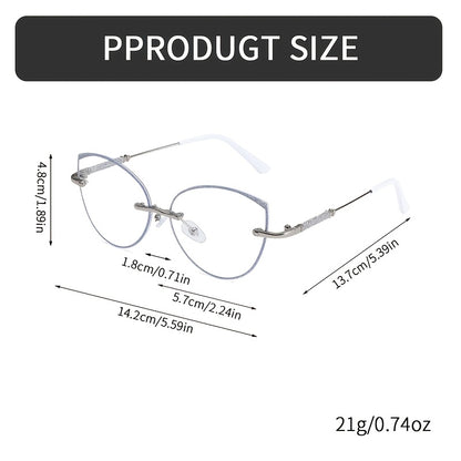 Fashion Cat Eye Frameless Light Sensitive Color Changing Women'S Model with Embedded Sequins Metal Frame Cat Eye Blue Light Transparent Lens Glasses