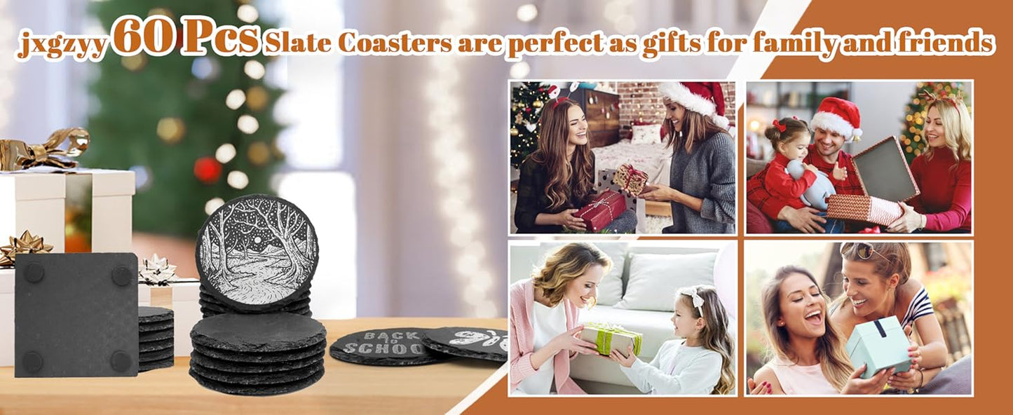 60pcs Slate Coasters for Drinks Engraved 30pcs Round+30pcs Square Slate Coaster Natural Stone Coasters Bulk Rustic Rock Cup Coaster Anti-Scratch Backing for Bar Kitchen Home Apartment Gifts DIY