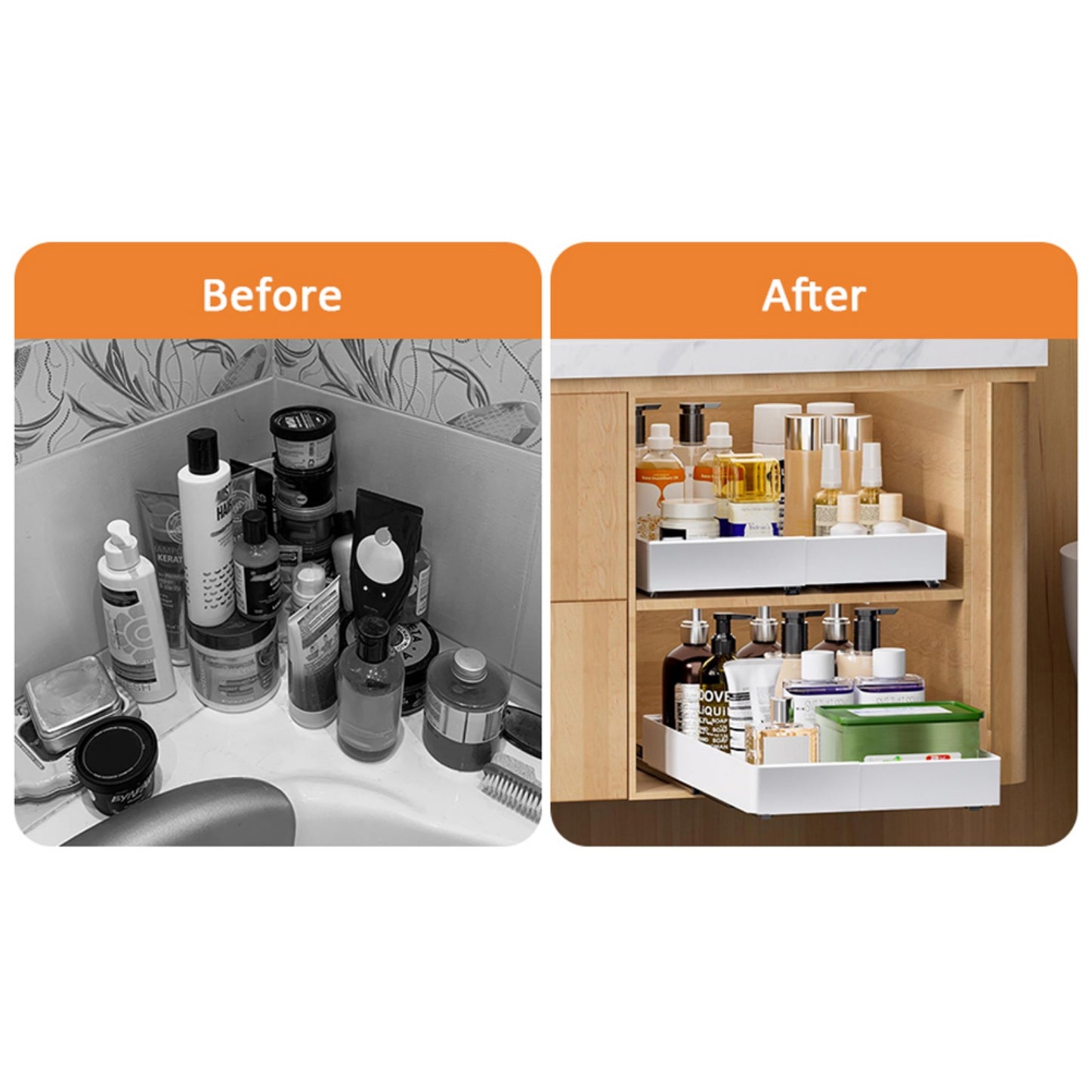 Pull Out Cabinet Organizer, Adjustable Expandable Slide Out Drawer, Roll-Out Sliding Drawer Organiser Shelf for Kitchen & Bathroom Storage,Easy Installation with Adhesive Film