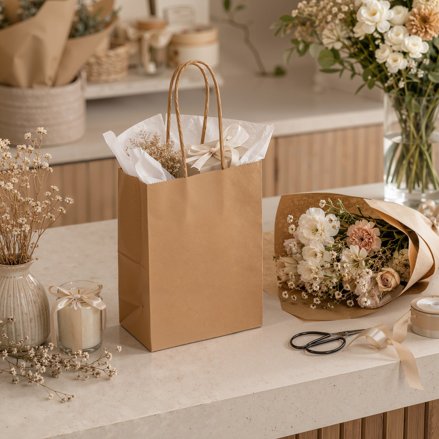 100-Pack Kraft Paper Bags with Handles – Ideal for Gift Wrapping, Parties, Holiday Celebrations & Retail Use