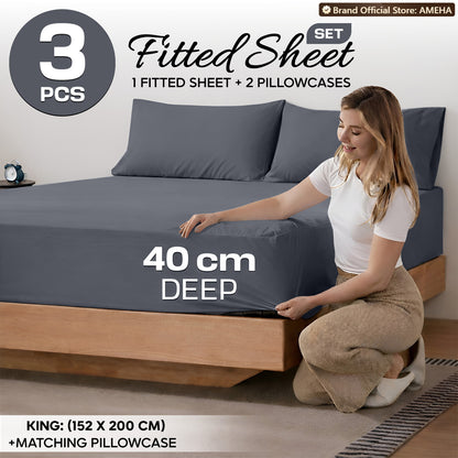 3pcs 40cm Extra Deep Fitted Sheet – Solid Color Soft & Comfortable Bed Sheet with 2pcs Matching Pillowcases, Breathable Fabric Soft Brushed Microfiber Bedding, Machine Washable for Home Bedroom, Hotel