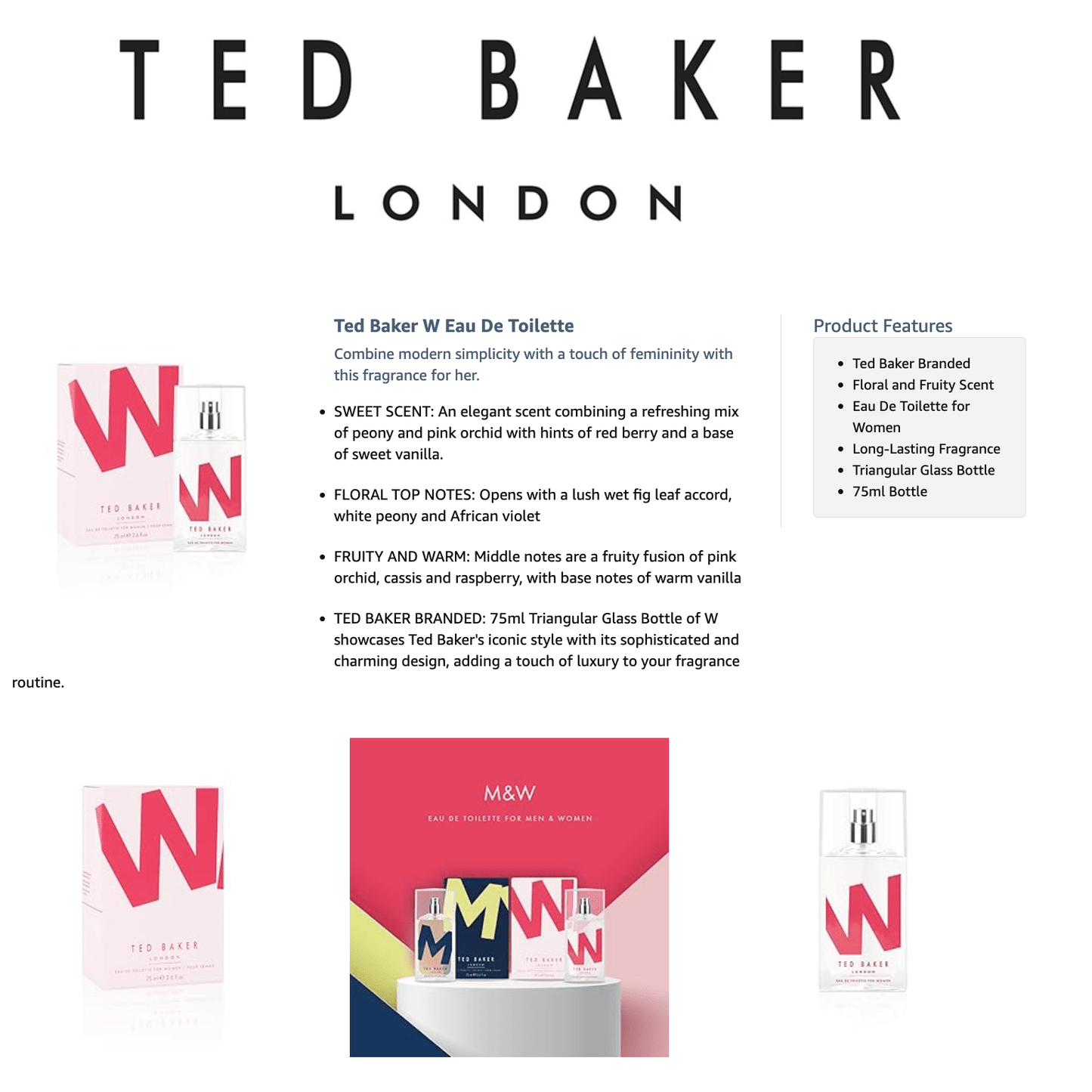 Ted Baker Perfume for Women W EDT, Gentle and Sophisticated Fragrance, Fig Leaf, White Peony and African Violet Top Notes with Pink Orchid, Cassis and Raspberry Middle Notes, Ladies Floral Eau de Toilette, 75ml