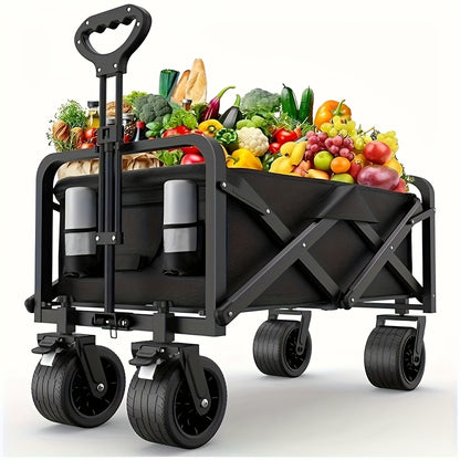 Heavy-Duty 249.48KG Capacity Collapsible Foldable Wagon Cart with All-Terrain Wheels, Stainless Steel Frame & Adjustable Handle - Large Capacity Utility Trolley for Camping, Beach, Gardening, Shopping - Perfect Mother’s Day Gift (Black), Garden Tool Carri