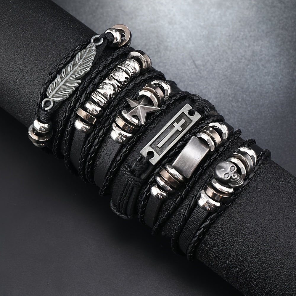 18pcs Vintage Hip Hop Bracelet Set - Punk Style, Faux Leather, Multi-Style Mix & Match Accessories for Men