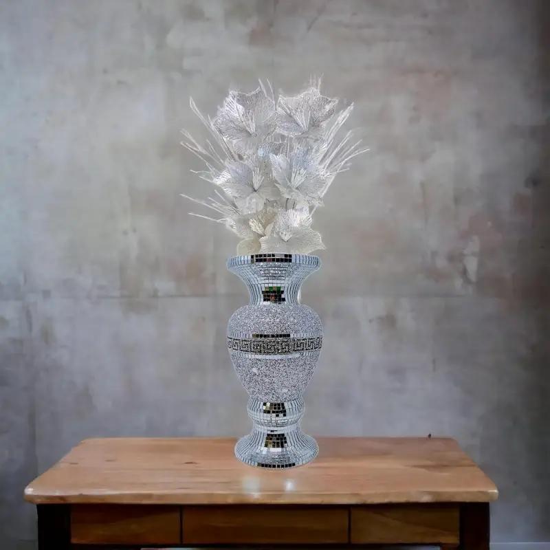 Crushed Diamond Ceramic Silver Vase, Diamante Bling Home Ornament, 30cm, Sparkly Mirrored Flower Vase