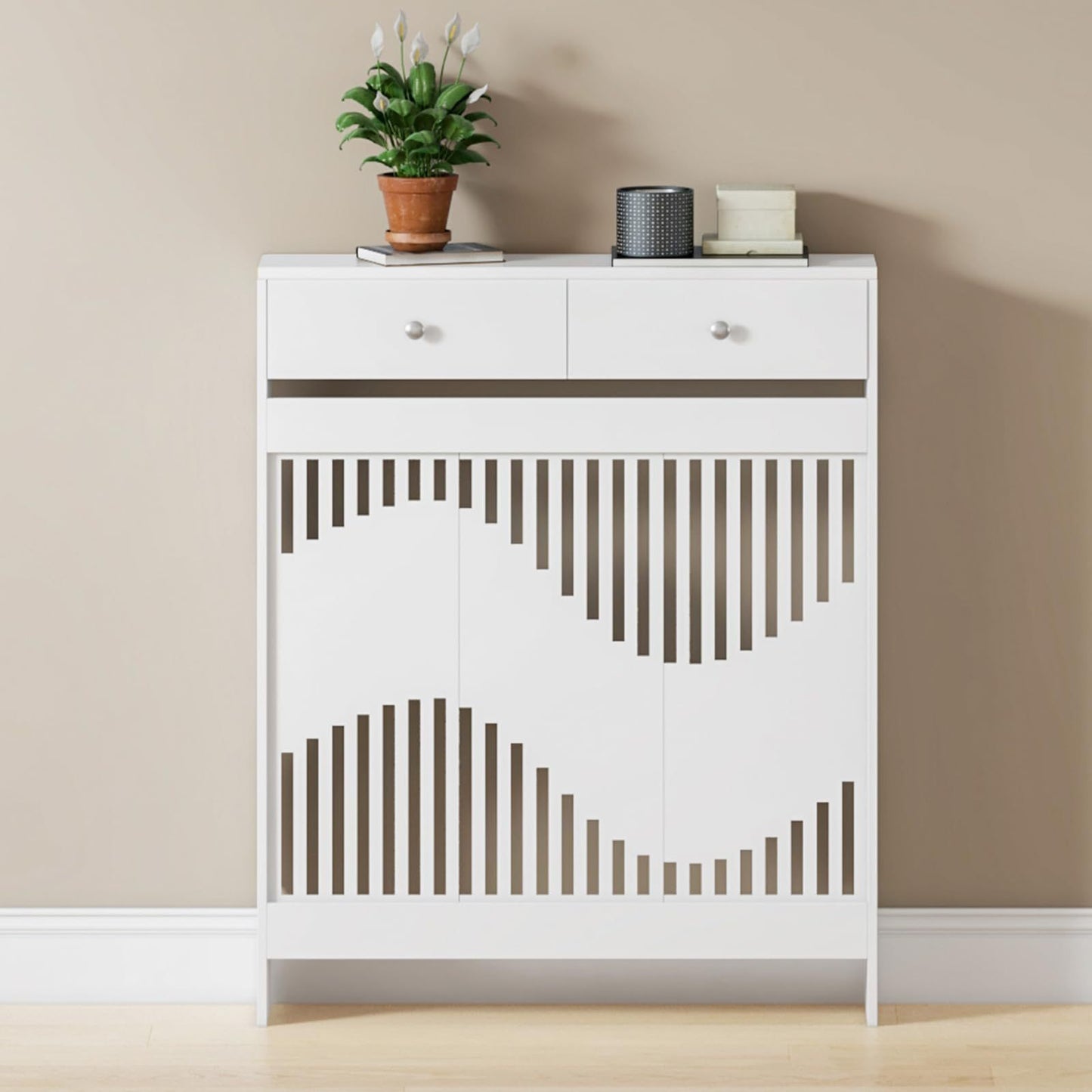 Modern White MDF Wood Radiator Cover with Drawers - Contemporary Style, Great Choice for Living Room, Bedroom, Hallway, Suitable for Placing Decorative Items and Storing Small Objects.