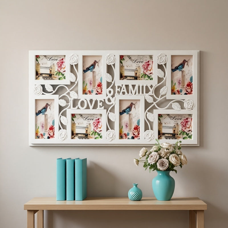 Elegant White Floral & Bird Design Photo Frame - Modern Wall-Mounted Display, Holds 8 Pictures, Easy No-Damage Installation, Perfect for Living Room & Office Decor