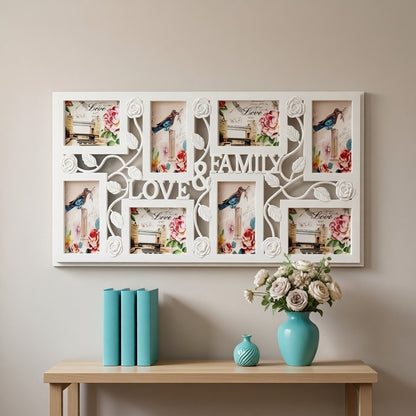 Elegant White Floral & Bird Design Photo Frame - Modern Wall-Mounted Display, Holds 8 Pictures, Easy No-Damage Installation, Perfect for Living Room & Office Decor