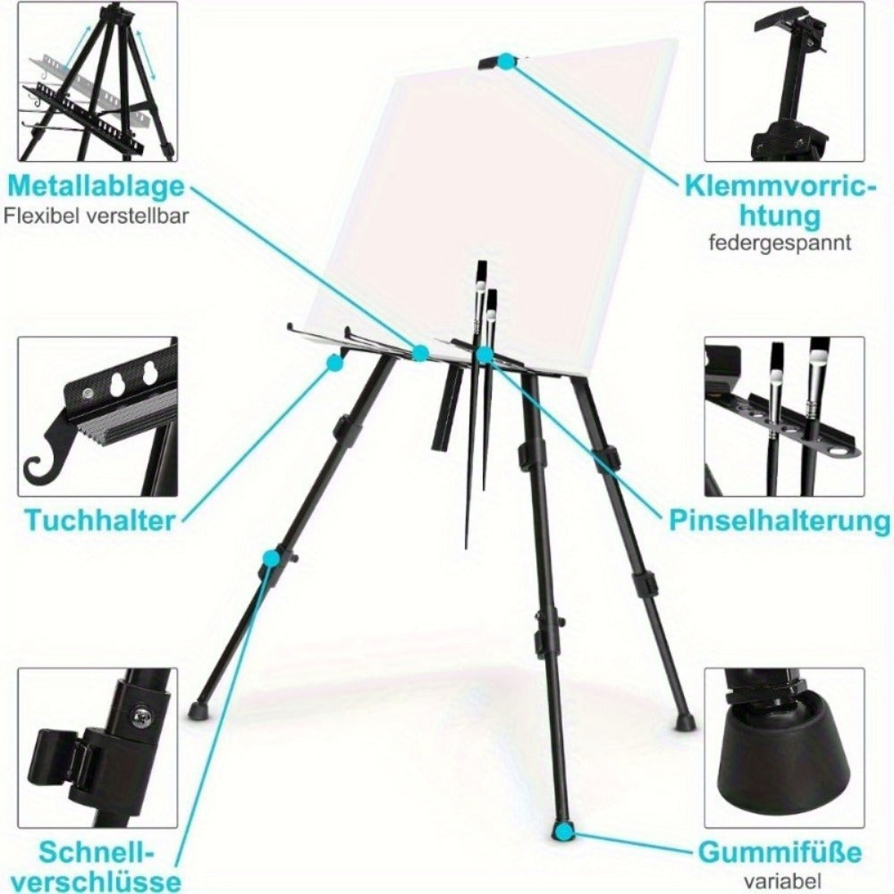 Aluminium Easel 52-160 cm Adjustable Field Easel Black Display Studio Easel Tripod Stand + Bag for Canvas Poster Wedding Sketching Painting, Foldable Lightweight Aluminum Alloy Easel Stand For Artwork, Posters, Chalkboards, And Shops