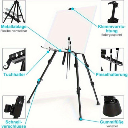 Aluminium Easel 52-160 cm Adjustable Field Easel Black Display Studio Easel Tripod Stand + Bag for Canvas Poster Wedding Sketching Painting, Foldable Lightweight Aluminum Alloy Easel Stand For Artwork, Posters, Chalkboards, And Shops