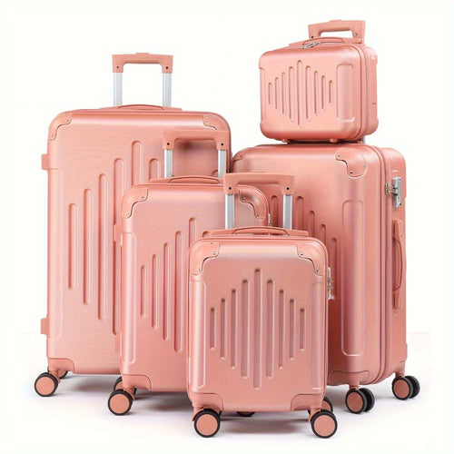 of Trolley Cases in Sizes 12, 16, 20, 24, And 28 Inches, Featuring a Stylish Diamond Stripe Design with Reinforced Corners, Made from Durable ABS Material, Perfect for Travelers on Extended Trips