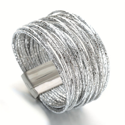 1pc Slim Stripes Wide Multilayer Wrap Bracelet Metallic Shiny Glitter Artificial Leather Cuff with Magnetic Clasp Jewelry for Men Women Holiday Party Birthday Gifts