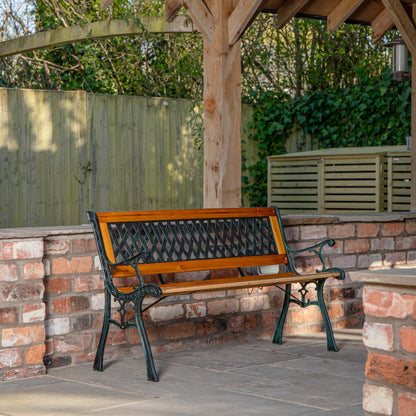 2 Seater Garden Bench Wooden Seat Cast Iron Legs Lattice Rose Backrest Outdoor Patio Bench 123cm Fir Wood Max 150kg Flat Pack