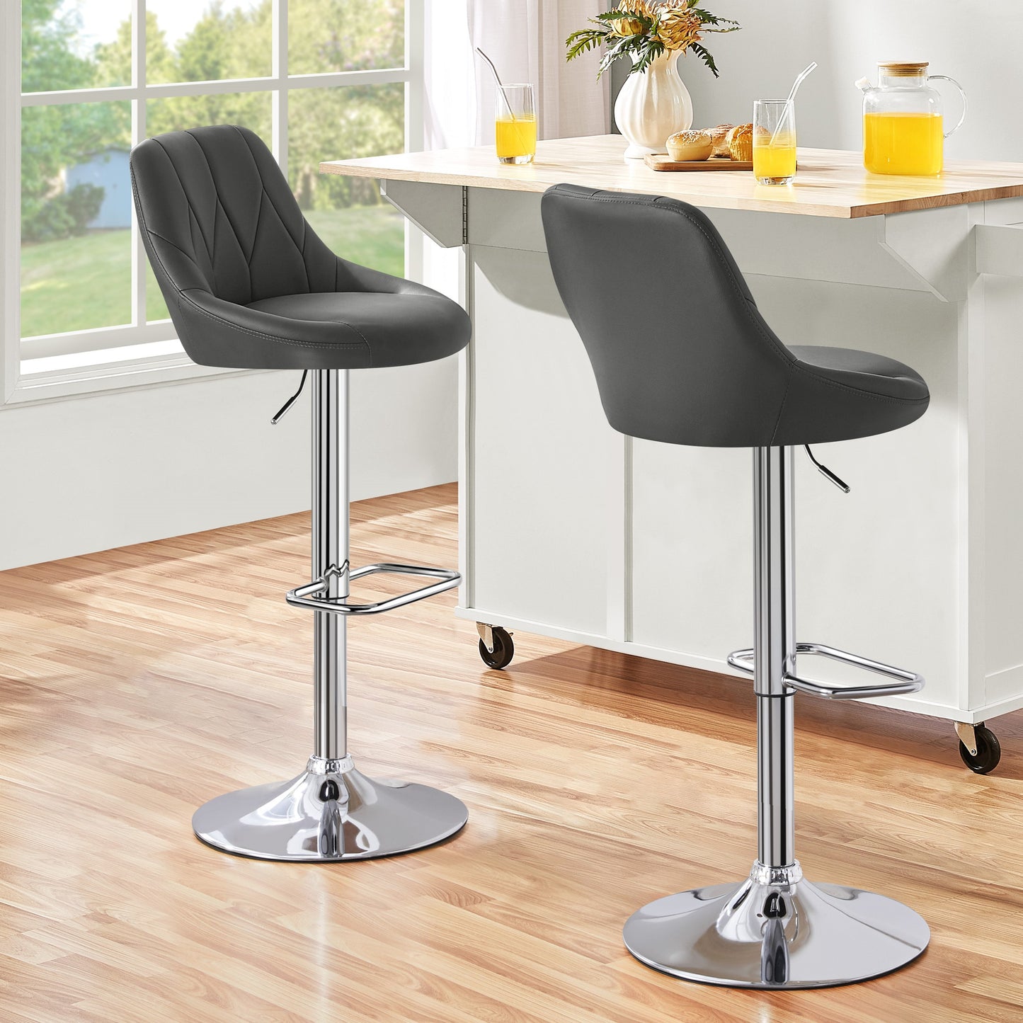 Costoffs 2PCS Bar Stools Faux Leather Swivel Barstools, Height Adjustable, Modern Bar Chairs with Ergonomic Backrest, Cushioned Seat, Chrome Footrest for Home Kitchen Island Bar Counter, Dark Grey/Black/Retro Brown/White/Light Grey