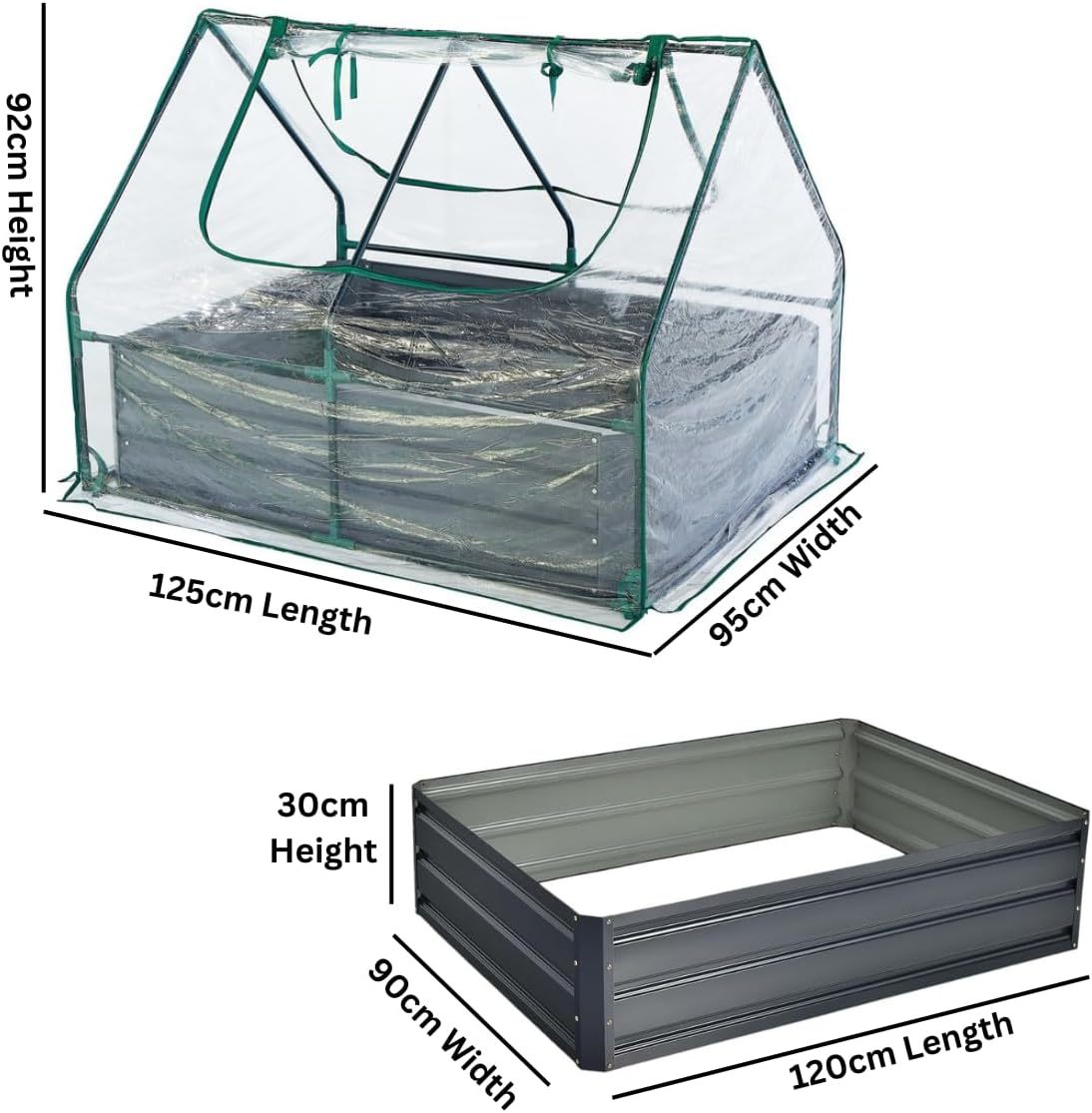 Raised Garden Bed with Greenhouse - 125 x 95 x 92 cm Compact Small Greenhouse With Metal Garden Bed included, Steel Frame, Clear PVC Cover, Zipped Roll up Windows For Plants, Vegetables, Garden