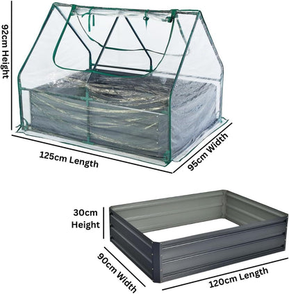 Raised Garden Bed with Greenhouse - 125 x 95 x 92 cm Compact Small Greenhouse With Metal Garden Bed included, Steel Frame, Clear PVC Cover, Zipped Roll up Windows For Plants, Vegetables, Garden