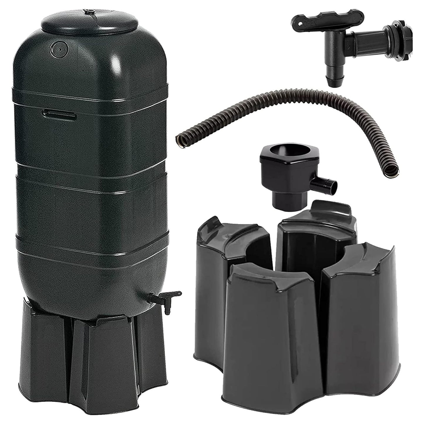 100 Litre Black Slimline Water Butt Rainwater Barrel With Stand, Kit & Diverter