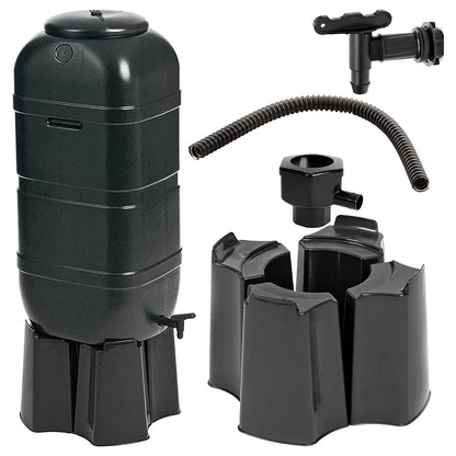 100 Litre Black Slimline Water Butt Rainwater Barrel With Stand, Kit & Diverter