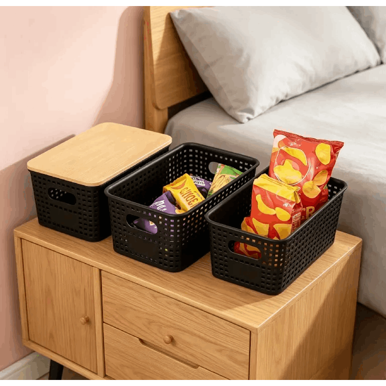 6-Pack Black Stackable Storage Bins with Bamboo Lids – Modern Lidded Plastic Boxes for Kitchen, Bathroom, Office, or Wardrobe Organization