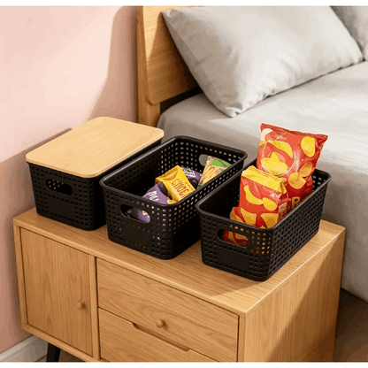 6-Pack Black Stackable Storage Bins with Bamboo Lids – Modern Lidded Plastic Boxes for Kitchen, Bathroom, Office, or Wardrobe Organization