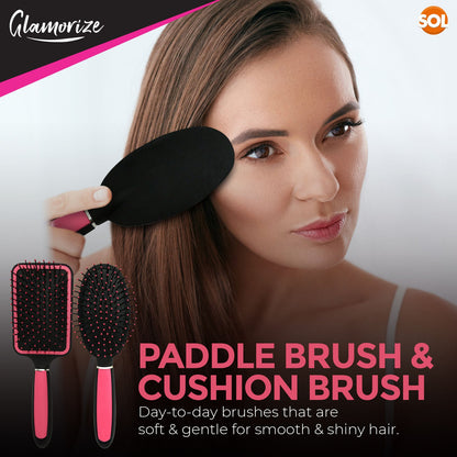 5 Pack Hair Brush Set for Women | Professional Pink Hairdressing Brushes | Paddle, Cushion, Round, Zig Zag & Vented Styling Brushes | Salon & Home Hair Brush Kit for Detangling, Volume & Smooth Styling