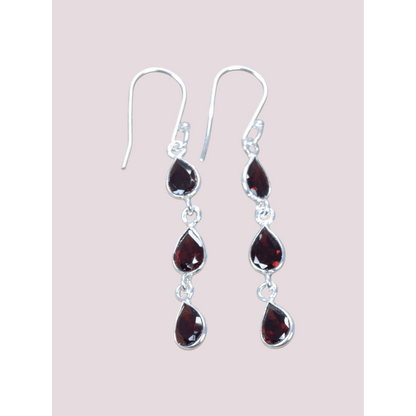 925 Sterling Silver Natural Gemstone 3 stone long Earring, Bezel Set Birthstone Ring, Perfect gift