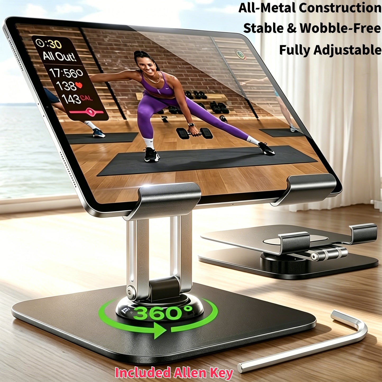 2PCS Set (1x Heavy-Duty Adjustable Tablet Stand & 1x Allen Key) - 360° Rotating Base, Foldable Design, All-Metal Construction, Ergonomic Desk Holder for iPad, Tablet, Phone & Laptop, Sturdy & Stable, Ideal for Office & Home Use