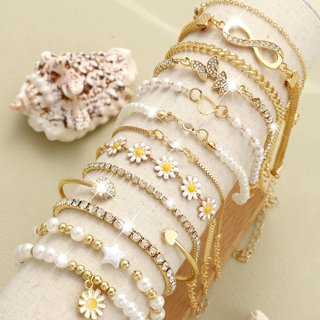 [Rhinestone Bracelet Set] 13pcs Multi-element Chain Bracelet Set - Multi-layer Stackable Floral, Star, Butterfly, and Heart Rhinestone Bling-bling Sparkling Round Bead Geometric Figure-8 Infinity Beaded, Fashionable Bohemian Style, Elegant and Exquisite V