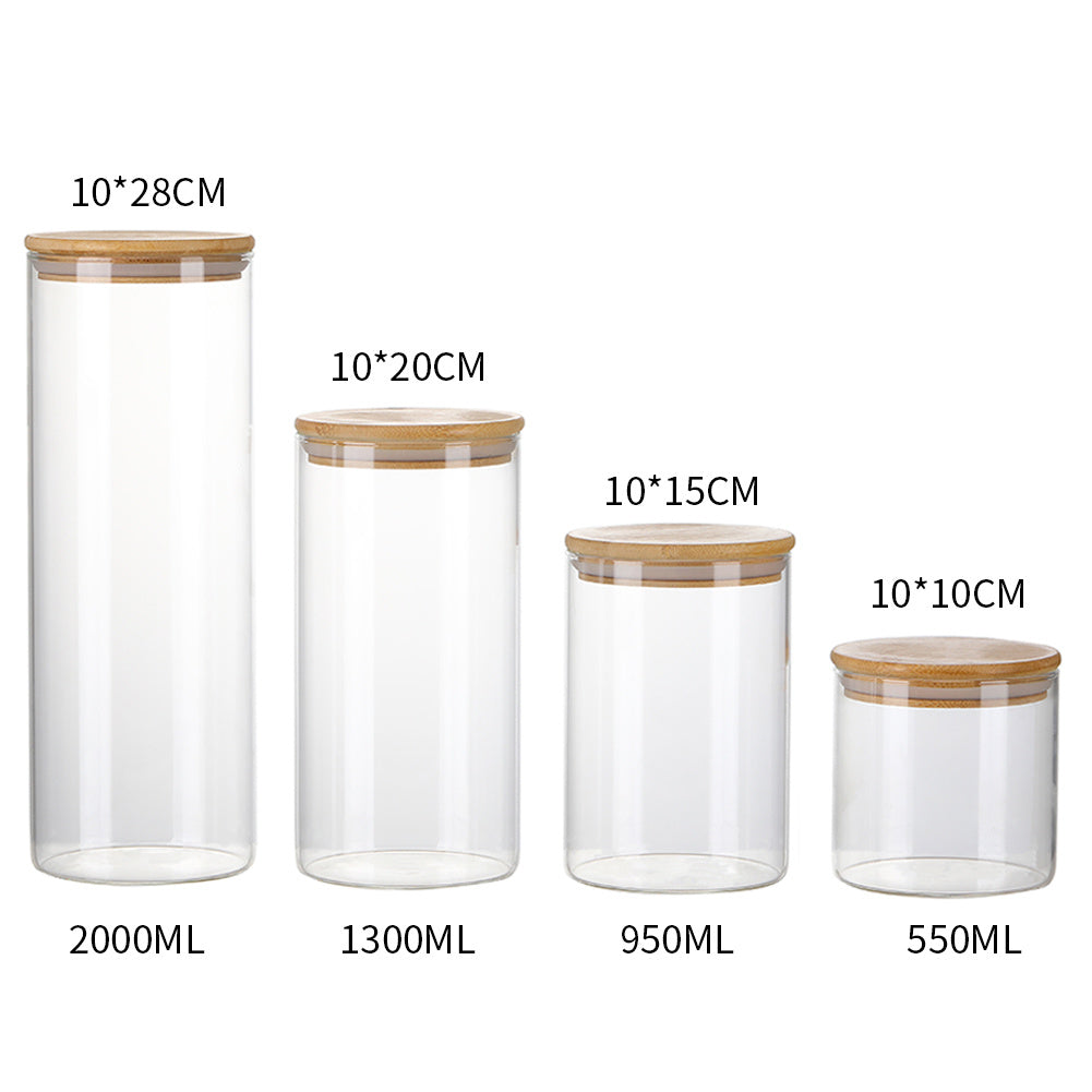 Glass Storage Jars - Set of 4 Airtight Glass Jars with Lids Clear Food Storage Container Jar- Food Kitchen Canisters Sets for Spaghetti Beans Snack Flour Cereal Storage, 550ml/950ml/1300ml/2000ml