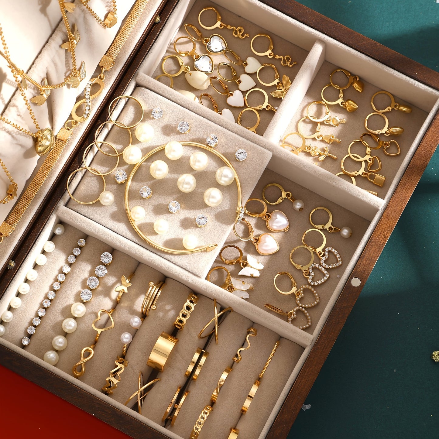 115pcs Fashion Elegant Love Heart Butterfly Necklace Synthetic Zirconia Imitation Pearl Christmas Theme Stud Earrings Hoop Earrings Bracelet Bangle Ring Five-In-One Multi-Piece Jewelry Set Women'S Daily Party Holiday Gift Fashion Jewelry Gift for Gi