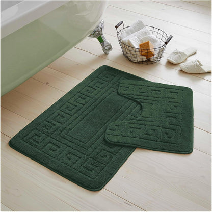 GC GAVENO CAVAILIA 2 Piece Greek Pattern Bathroom Mat Set | Soft & Plush 100% Polyester Bath Mat and Pedestal Rug | Non-Slip Backing, Highly Absorbent, Quick Drying |Machine Washable Bathroom Rugs | Ideal for Everyday Use | LOCAL WAREHOUSE | UK BRAND