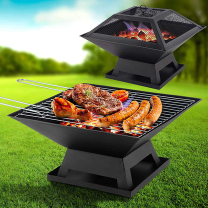 Taylor & Brown Square Fire Pit with BBQ Grill Heater Outdoor Garden Black Barbeque Metal Brazier Patio Decor Firepit Stove Portable Heat Mesh Cover for Camping or Picnics