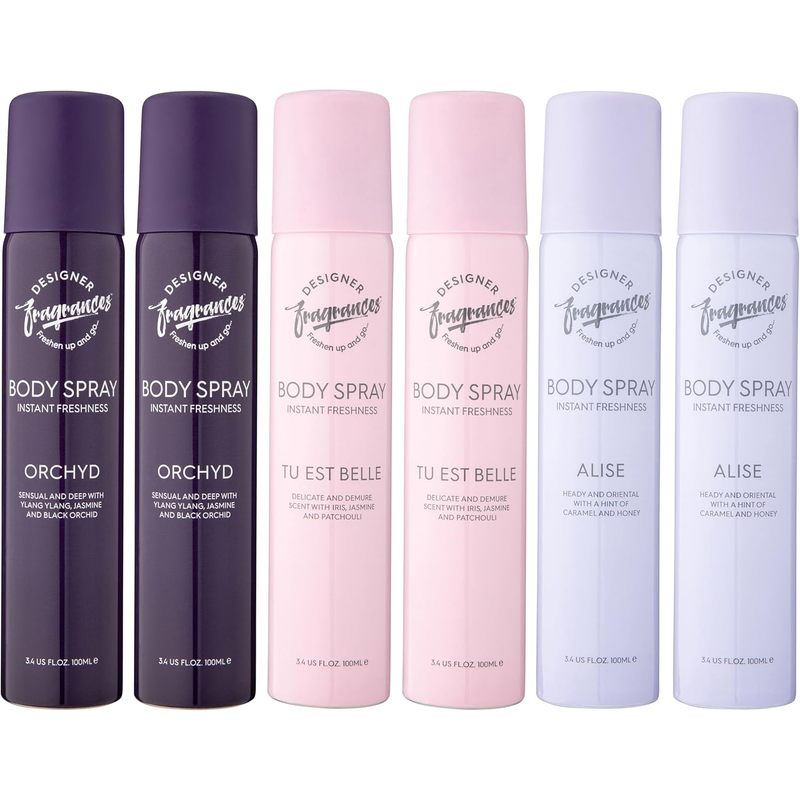 Designer Fragrances 6 Pack Assorted Aromas Bundle - Tu Est Belle, Orchyd, Alise - Women's Body Spray Deodorant Cans - For Instant Freshness on The Go - Long Lasting Smell, Great Gifts - 100ml