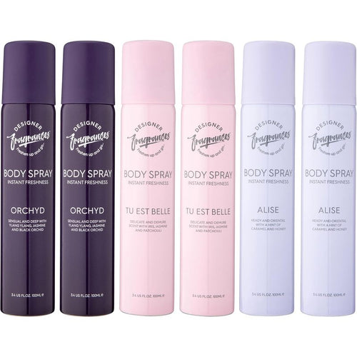 Designer Fragrances 6 Pack Assorted Aromas Bundle - Tu Est Belle, Orchyd, Alise - Women's Body Spray Deodorant Cans - For Instant Freshness on The Go - Long Lasting Smell, Great Gifts - 100ml